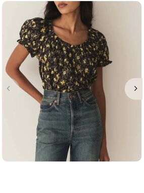 Doen Black Floral Smocked Short Sleeve Blouse with Yellow Accents